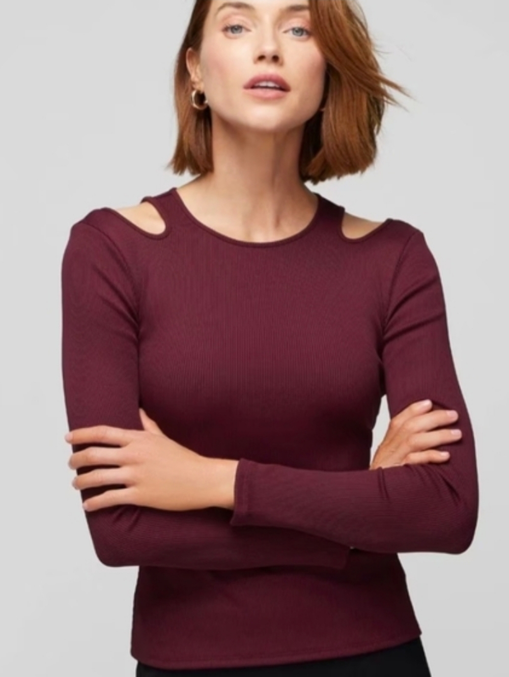 NWT White House Black Market Port Ribbed Fitted Cutout Shoulder Top Small